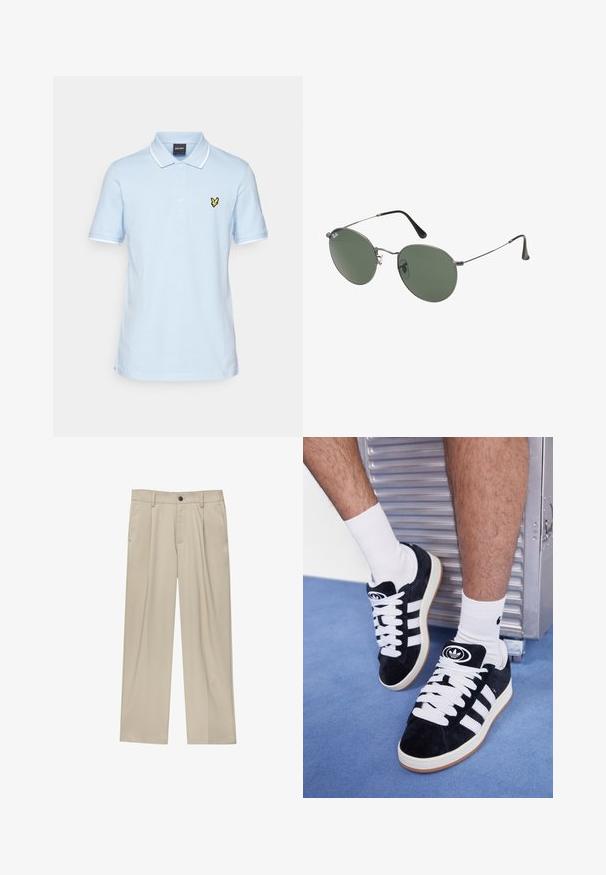 Lyle & Scott TIPPED - Polotričko - light blue/white; Béžové kalhoty klasického střihu, se jedním černým knoflíkem, poutky na opasek a bočními kapsami. Hladká textilie a minimalistický design.; Černé semišové tenisky s bílými tkaničkami a třemi bílými pruhy. Mají kulatou černou logo na jazyku a gumovou podrážku.; Sluneční brýle s kovovým rámem a oválnými zelenými skly. Tenký stříbrný kovový rám a černé chrániče uší. Minimalistický design, žádné viditelné logo.