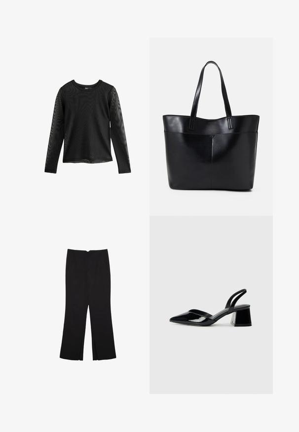 Černá dlouhá košile s dlouhými rukávy vyrobená z průhledné síťoviny, s kulatým výstřihem a mírně volným střihem, se šitými švy a rovně střiženým lemem.; Černé kalhoty s rovným střihem, s předními kapsami a bočními rozparky na lemu. Vyrobené z jemné, hladké tkaniny. Vhodné na různé příležitosti.; Černé lakované kožené lodičky na pásku s špičatou špičkou a geometrickým blokovým podpatkem. Vyznačují se elegantním, minimalistickým designem a hladkým povrchem.; Černá kožená taška s dlouhými ušima, hladkým povrchem a strukturovaným tvarem. Obsahuje přední kapsu pro další úložný prostor.