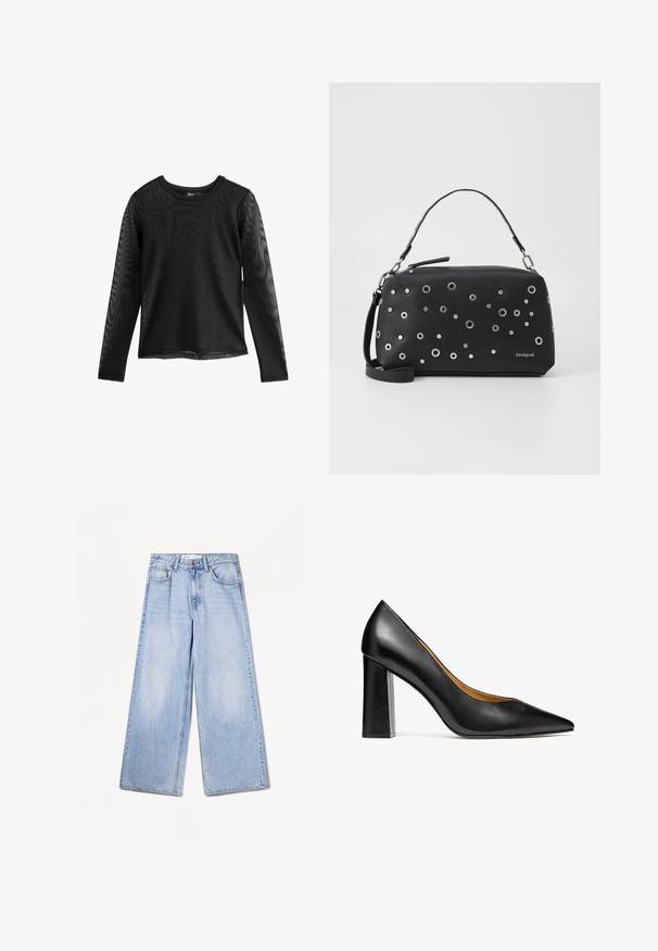 Zwarte lange mouwen shirt van doorzichtig mesh stof, met een ronde halslijn en een iets losse pasvorm, met gestikte naden en een rechte zoom.; Bershka WIDE-LEG - Wide leg - light-blue denim; Kazar BLUEBELL - Hoge hakken - black; Zwarte leren handtas met zilveren ronde studs, rechthoekige vorm, korte handgreep en verstelbare schouderband. Merkenlogo weergegeven aan de zijkant.