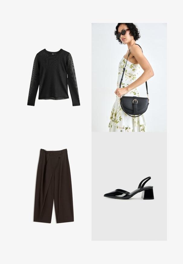 Crna košulja s dugim rukavima od prozirne mrežaste tkanine, s okruglim izrezom i malo slobodnijim krojem, s ušivenim šavovima i ravnim rubom.; Tamno smeđe široke hlače s visokim strukom, s jednim dugmadi na zakopčavanju i pregibom sprijeda. Izrađene od laganog materijala.; Crne lakirane kožne sandale s otvorenom petom i špicastim vrhom, s geometrijskom blok petom. Imaju elegantan, minimalistički dizajn i glatku teksturu.; Crna kožna torba s lukovitim oblikom, odvojivim remenom i zlatnim detaljima. Torba ima preklop s kopčom.