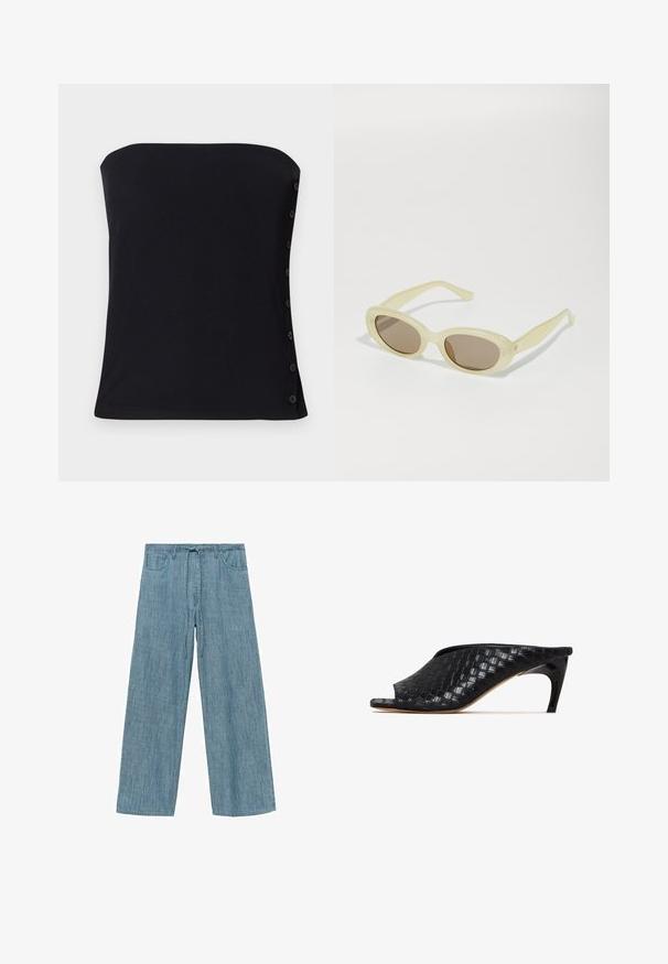 Black strapless ribbed top with a fitted design. Features side buttons and a smooth texture. Hemline is straight at the bottom.; Light blue striped wide-leg pants with a drawstring waist, featuring two front pockets and a soft, textured fabric.; Black woven mules with an open toe and a sleek, curved heel. The material has a glossy finish, featuring a textured, checkered pattern.; Oval sunglasses with a translucent pale yellow frame and brown lenses. Features smooth texture and subtle hardware accents on the sides.