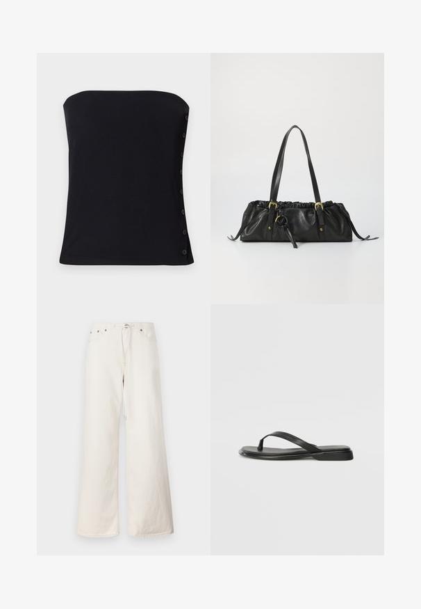Svart stroppeløs ribbestrikket topp med en tettsittende design. Har sideskknapper og en glatt tekstur. Bunnlinjen er rett.; Hvit bukser i vid denim med strikk i livet, frontlommer og subtile sømdetaljer. Laget av kraftig bomullsmateriale.; Sorte flip-flop laget av glatt lær, med en tynn stroppdesign og en flat såle med et minimalistisk utseende. Ingen bemerkelsesverdige mønstre eller aksenter.; Svart lærveske med rynket topp, to skulderstropper, gullfarget hardware og en sentral sirkulær detalj. Glatt tekstur, kompakt form.