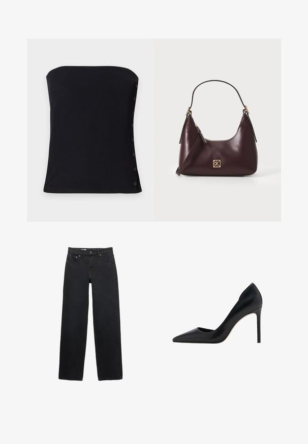 Top nero senza spalline con design aderente. Presenta bottoni laterali e una texture liscia. L'orlo è dritto nella parte inferiore.; Jeans neri a gamba larga realizzati in denim, con cinque tasche, chiusura a bottone, cuciture sottili e una linea diritta dalla vita all'orlo.; Mango Decolleté - black; Borse in pelle borgogna con forma curva, dettagli in oro sull'hardware e chiusura con cerniera. Presenta una tracolla staccabile.