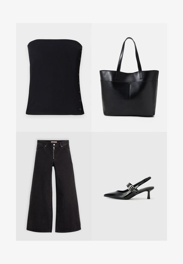 Crni top bez naramenica s rebrastim uzorkom i prilagođenim dizajnom. Sadrži bočne gumbe i glatku teksturu. Hemline je ravno dno.; Široke traperice od crnog denima s prednjim zatvaračem, dizajnom s pet džepova i suptilnim detaljima šivanja. Glatka tekstura i ležeran stil.; Crne lakirane slingback potpetice s oštrim prstom i malom blok petom, s naglaskom na srebrnoj kopči na remenu.; Crna kožna torba s dugim ručkama, glatkom teksturom i strukturiranim oblikom. Ima prednju džep za dodatno pohranu.