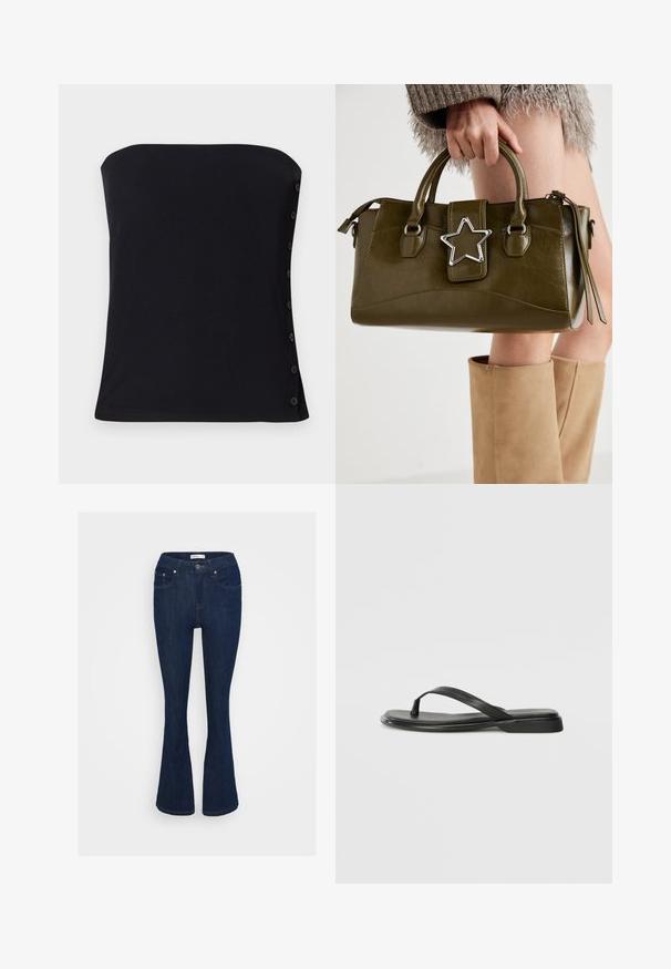 Schwarzes trägerloses, geripptes Oberteil mit tailliertem Design. Verfügt über Seitenknöpfe und eine glatte Textur. Der Saum ist unten gerade.; Dunkelblaue Jeans im Bootcut-Stil mit klassischem Fünf-Taschen-Design, metallischem Knopfverschluss und Nähakzenten an den Taschen.; Schwarze Flip-Flops aus glattem Leder, mit einem dünnen Riemendesign und einer flachen Sohle mit minimalem Profil. Keine bemerkenswerten Muster oder Akzente.; Olivgrünes Kunstlederhandtasche mit silbernem Sternakzent, doppelten Griffen und einem Reißverschluss. Strukturierten Form und texturierten Oberfläche.