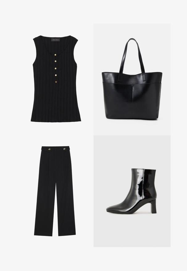 Juodas berankovis palaidinė su gumbuotais tekstūromis, V formos apykaklė ir penki auksiniai mygtukai priekyje. Etiketė matoma apykaklėje.; Juodi plačios kojos kelnės su aukštu liemeniu, sagų detalėmis ant liemens ir priekinėmis raukšlėmis.; Juodos lakuotos odinės aulinukės su smailiu pirštu ir vidutinio aukščio blokuotu kulnu. Lygus paviršius ir minimalistinis dizainas.; Juoda odinė rankinė su dviem ilgais diržais, lygiu paviršiumi ir struktūrizuota forma. Yra priekinė kišenė papildomam saugojimui.