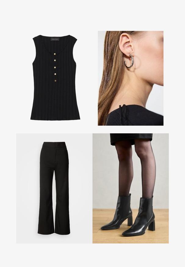 Mustata rihmadega lühikese varrukaga topp, V-kaelusega ja viis kuldse tooni nuppu ees. Silt nähtav kaeluses.; Mustad laiad püksid sujuva tekstuuriga, kõrge vöökoht ja puhas disain. Ei ole nähtavaid taskuid ega dekoreerimist.; Mustad mustad jalanõud terava ninaga, paksu ruudukujulise kontsaga ja saleda disainiga. Omavad elastseid külgpaneele mugavaks selga tõmbamiseks.; Hõbedane rõngas kõrvarõngas poleeritud viimistlusega, millel on väikesed kuldsed aktsendid ja ümmargune kuju, kantud lobus.