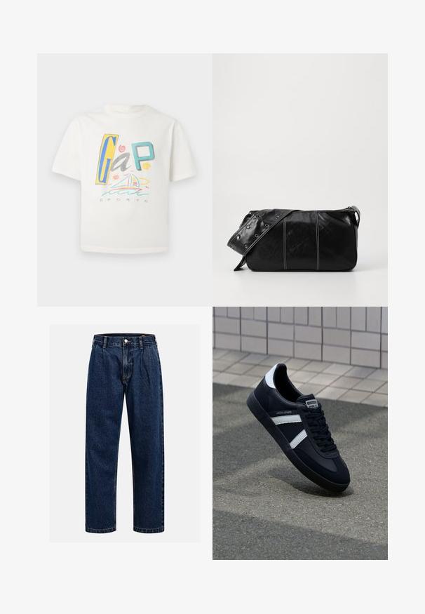 Biela tričko s krátkymi rukávmi s farebným logom "GAP" a námornou ilustráciou. Mäkčená textúra s voľným strihom.; Tmavo modré džínsy s rovnými nohavicami. Obsahujú viditeľné švy, zapínanie na gombík a predné skladanie pre zvýraznenie detailov.; Čierne kožené tenisky s bielymi pruhmi, textúrovanou gumovou podrážkou a šnurovaním vpredu. Obsahujú označenie značky na jazyku.; Čierna kožená kabelka cez plece so zipsovým uzáverom, so štruktúrovaným telom, bielym prešívaním a popruhom so striebornými očkami.