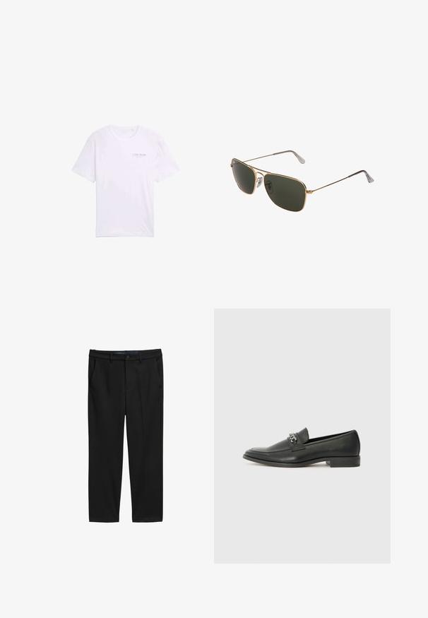Vit bomullströja med korta ärmar, rund hals och en liten tryckt logotyp på vänster bröstområde. Slät textur, avslappnad design.; Svarta byxor med rak passform, tillverkade av strukturerad tyg. Har två framfickor och en knäppning vid midjan.; Svart läderloafers med en slät yta, med en sydd design och en dekorativ metallkedjeaccent över västen. Platt häldesign.; Guldmetall aviator-solglasögon med stora mörkgröna linser, med en tunn båge och transparenta näskuddar för komfort.