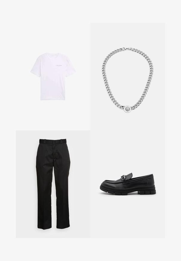 Tricou din bumbac alb, cu mâneci scurte, decolteu rotund și un logo mic imprimat în zona stângă a pieptului. Textură netedă, design casual.; Pantaloni negri dintr-un material neted, cu un design drept, cu brâu pentru curea și două buzunare laterale. Aspect clasic fără embellishments.; Mocasini din piele neagră cu vârful rotund, o curea decorativă și accesorii metalice, și o talpă chunky texturată. Finisaj neted cu detalii subtile.; Colier din argint cu lănțișoare groase și un pandantiv circular central cu detalii intricate. Suprafață metalică netedă și reflexivă.