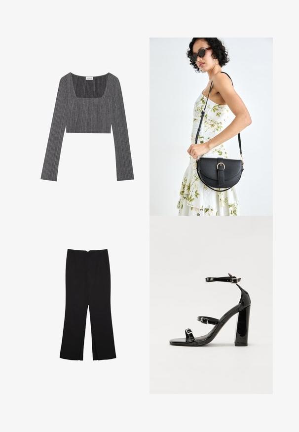 Sivi rebrasti dugi rukav majica s kvadratnim izrezom i prilagođenim dizajnom. Ima teksturiranu tkaninu s vertikalnim prugama i skraćenu dužinu.; Crne hlače ravnog kroja, s prednjim džepovima i bočnim prorezima na rubu. Izrađene od mekog i glatkog materijala. Pogodne za razne prigode.; Crne lakirane sandale na pete sa kvadratnim nosom, trakama oko gležnja i srebrnim kopčama. Imaju čvrst blok petu za stabilnost.; Crna kožna torba s lukovitim oblikom, odvojivim remenom i zlatnim detaljima. Torba ima preklop s kopčom.