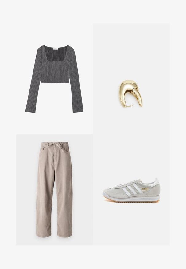 Harmaa ribbattua pitkähihasta toppia, jossa on neliön muotoinen kaula-aukko ja tiukka muotoilu. Sisältää teksturoitua kangasta, jossa on pystysuoria raitoja ja lyhyempi pituus.; Beige corduroy-housut, joissa on löysä malli, piilovetoketjulla, kaksi etutaskua ja pystyribbattu pinta.; Vaaleanharmaat sneakerit, jotka on valmistettu mokasta ja verkosta, sisältäen kolme valkoista raitaa, pyöreän kärjen ja kumisen pohjan. Kultainen logo yksityiskohta nauhojen läheisyydessä.; Kultahipuinen korvakoru, jossa on sulavalinjainen, kaareva muotoilu. Ominaisuuksiin kuuluu erottuva terävä muoto, kiillotettu pinta ja sarana kiinnitys.