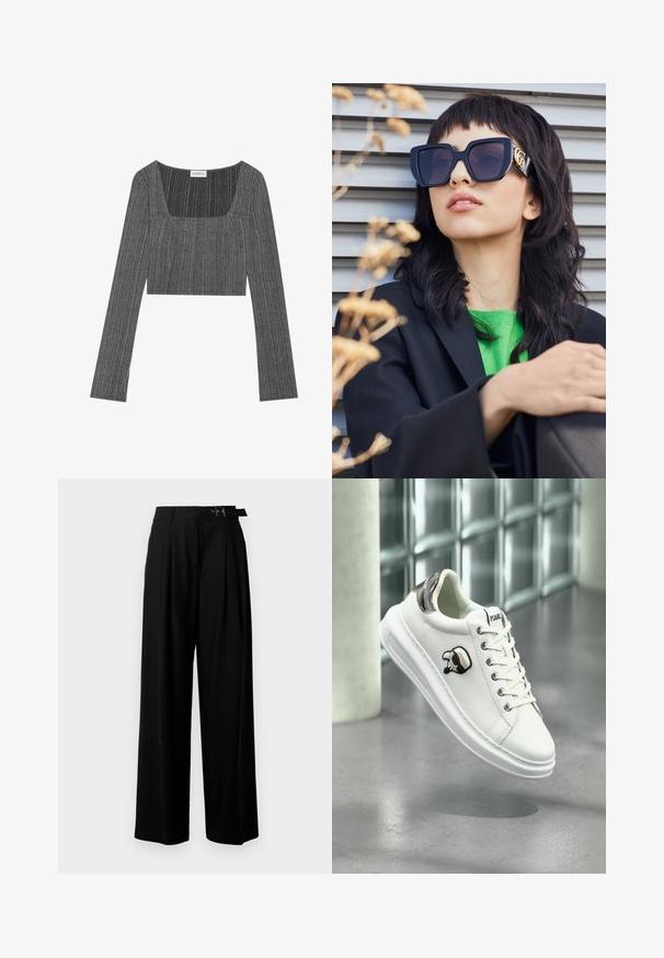 Pelēks ribots ilga piedurkne tops ar kvadrātveida kakla izgriezumu un pieguļošu dizainu. Iezīmē teksturētu audumu ar vertikālām svītrām un īsu garumu.; Melni plaši bikses ar augsto jostasvītru, priekšā ar krokojiem un jostu ar sprādzi. Izgatavotas no gludas, vieglas auduma.; Balti Karl Lagerfeld kedu ar auklu priekšpusi, melnu un beigu logotipa uzlīmi un metālisku sudraba papēža cilpu, kas karājas virs pelēka grīdas.; Vairāk nekā parastās melnas saulesbrilles ar biezām rāmēm un zelta akcentiem, uzvilktas kopā ar melnu žaketi un spilgti zaļu krekli, uz horizontālas fonu.