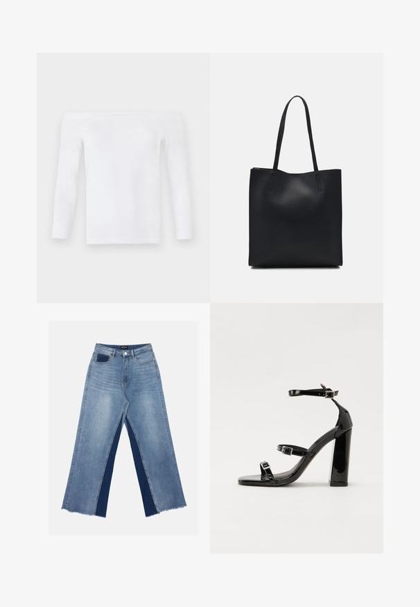 Fehér, vállnál lelógó, hosszú ujjú felső, puha anyagból készült, testhez simuló kialakítással, sima felülettel és minimális varrásokkal.; Világoskék, bőszárú farmernadrág, kontrasztos sötétkék panelekkel, szálkás szegélyekkel, valamint normál derekú, fém gombos záródással.; Fekete lakk magas sarkú szandál négyzet alakú orral, bokapántokkal és ezüst csatokat tartalmaz. Masszív blokk sarka a stabilitásért felel.; Fekete bőrtáska sima felszínnel, téglalap alakú, két hosszú füllel. Nincs látható fémkiegészítő vagy díszítés.