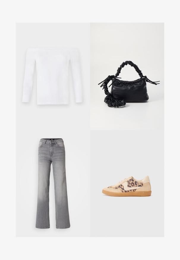 Witte off-shoulder top met lange mouwen, gemaakt van zachte stof, met een getailleerd ontwerp, gladde textuur en minimale naden.; Grijs denim jeans met hoge taille en rechte pijpen, voorzien van een knoop en ritssluiting aan de voorkant, voor- en achterzakken, en een vervaagde schaduw op de dijen en kuiten.; Luipaardprint sneakers met een beige suède bovenkant, tan rubberen zool en witte accenten. Ronde neus en vetersluiting met een gestructureerde afwerking.; Zwarte nepleer handtas met een krokodillenstructuur, opgedroogde bovenkant en een gekreukte hengsel. Het lijkt zacht en compact van ontwerp.