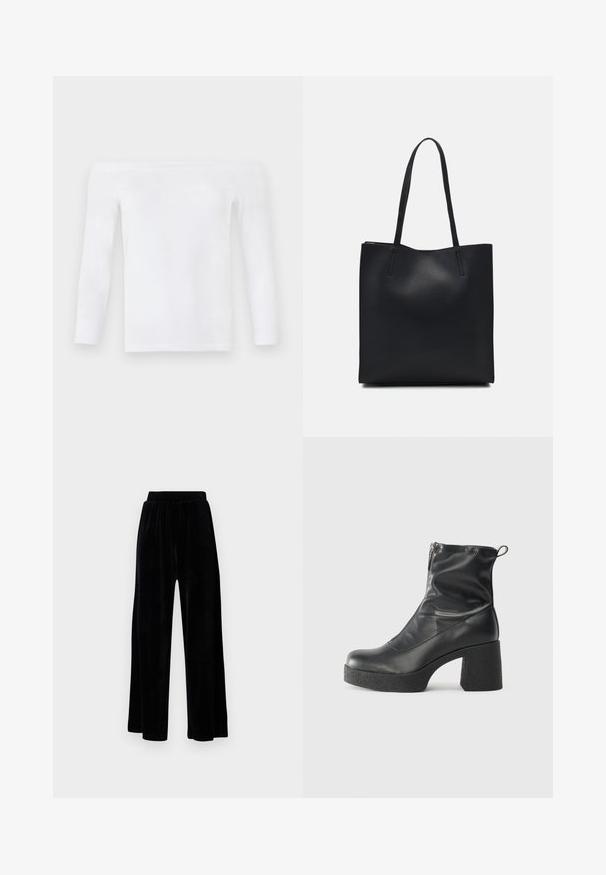 White off-the-shoulder long-sleeve top made of soft fabric, featuring a fitted design with smooth texture and minimal seams.; Black wide-leg trousers made of soft velvet, featuring an elastic waistband and a smooth texture, with no visible detailing or patterns.; Black ankle boots made of smooth leather, featuring a side zipper, chunky textured heel, and rounded toe design.; Black leather tote bag with smooth texture, rectangular shape, and two long handles. No visible hardware or embellishments.