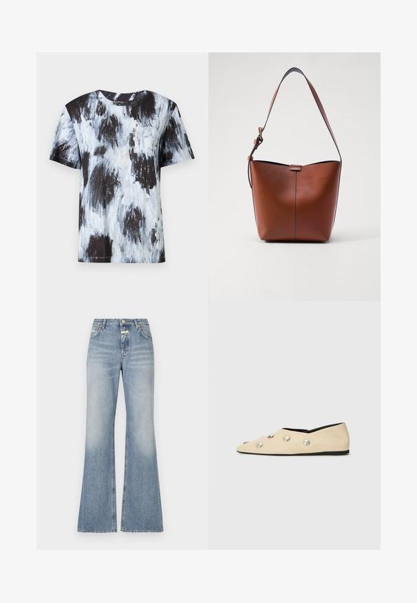 Juodas ir šviesiai mėlynas abstraktas raštas trumpomis rankovėmis marškinėliai, apvaliu iškirpimu, pagaminti iš medvilnės, pasižymintys laisvu siluetu ir minkštu pojūčiu.; Šviesiai mėlynos plačios džinsinės kelnės, pagamintos iš džinsinio audinio, su aukštu juosmeniu, šiek tiek išblukusiu priekyje ir nelygiais kraštais prie kojų.; CLOSED Balerinos stiliaus laivutės - ecru; Ruda odinė petinė rankinė su kreivam formu, lygia tekstūra ir viena plona juosta. Yra švelni siūlė ir mažas logotipo elementas.