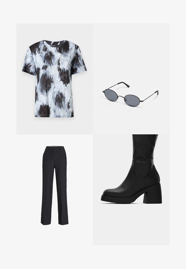 Svart och ljusblå abstrakt mönstrad kortärmad t-shirt, rund halsringning, tillverkad av bomull, med en avslappnad passform och mjuk textur.; Svarta, högmidjade byxor med rak passform. Tillverkade av ett mjukt material, med framveck och sidofickor.; Svart läderstövel som går till mitten av vadens längd, med kraftig klack och rund tå, visad i sidoprofil mot vit bakgrund.; Svarta ovala solglasögon med mörka linser och tunna metallbågar. Har smala armar med en subtil kurva i ändarna.