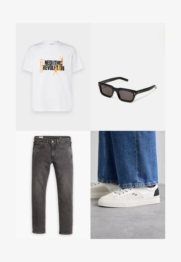 Bela bombažna majica s poudarjenim črnim in oranžnim grafičnim besedilom, ki pravi "NEOLITSKA REVOLUCIJA" z abstraktnimi človeškimi figurami.; Sive traperice z ravnim krojem, pet žepnim dizajnom in gumbom na zapenjanju. Imajo subtilno postaran učinek in tonirano šivanje čez celo površino.; Bela in črna športna obuvala z gladkim usnjenim zgornjim delom, teksturiranimi detajli in masivnim belim podplatom. Imajo klasičen dizajn z vezalkami.; Črne pravokotne sončna očala s temnimi lečami, debelim plastičnim okvirjem, zlatimi detajli na templjih in izgravirano blagovno znamko na ročaju.