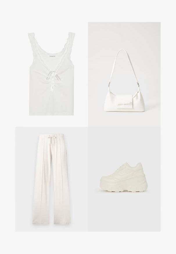 Weißes ärmelloses Oberteil mit gewellten Kanten, einer vorderen Schleife aus Satinband und gerafften Details in der Mitte. Aus weichem Stoff hergestellt.; Hellbeige Sweatpants aus weichem Stoff, mit einem Kordelzugbund, weitem Bein und vertikalen Nähten, mit einer glatten Textur.; Weiße Platform Sneakers mit einem glatten, lederähnlichen Obermaterial, abgerundeter Form, gepolstertem Kragen und strukturierten Gummisohlen mit ausgeprägten Stollen.; Weiße synthetische Handtasche in dreieckiger Form, flache Vorderklappe und Schleifendetail, verstellbarer Trageriemen, glatte Textur und minimalistisches Design.