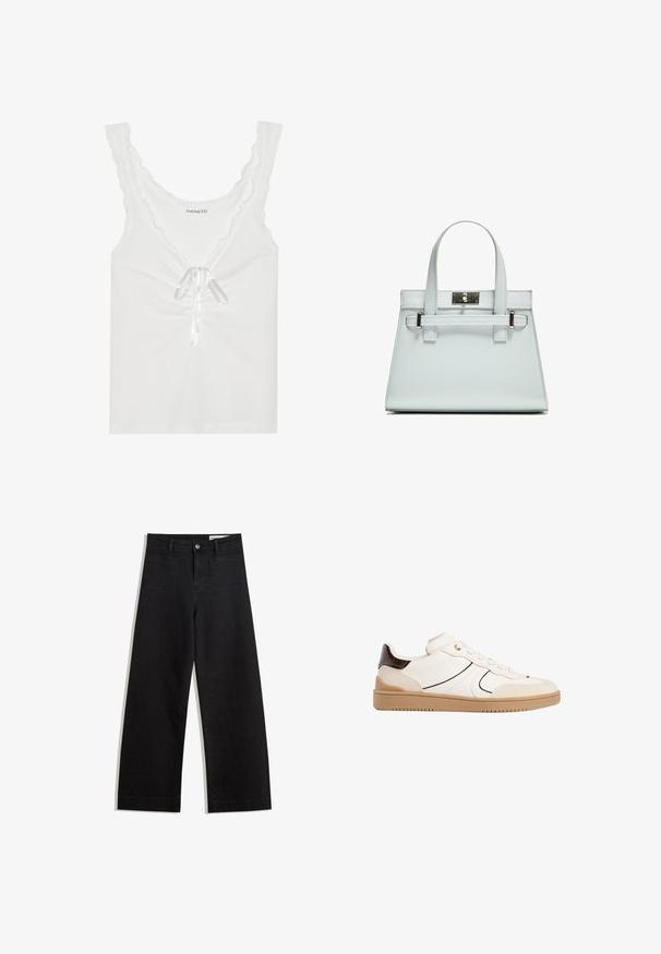 White sleeveless top with scalloped edges, a front tie with satin ribbon, and gathered detailing at the center. Made of soft fabric.; Black wide-leg denim pants with a high waist, featuring front and back pockets, stitched seams, and a button closure. Smooth texture.; Stradivarius Trainers - white; Light blue handbag with structured design, two handles, and a silver-toned hardware clasp. Textured material and sharp corners.
