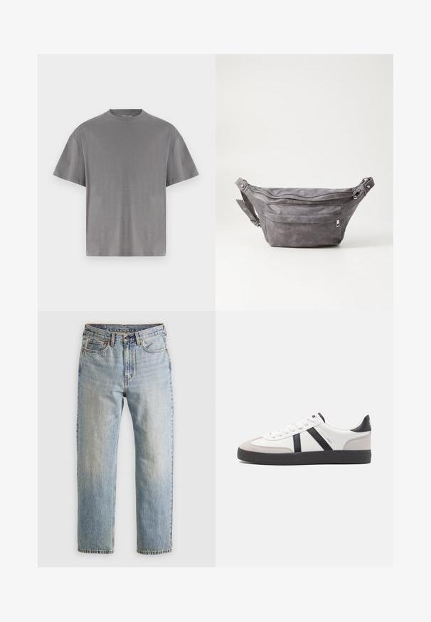 Siv bombažna majica s krožnim ovratnikom, kratkimi rokavi in ohlapnim krojem. Gladka tekstura, brez vidnih vzorcev ali dodatkov.; Svetlo modri džins hlače z visokim pasom, sprednjim gumbom, zadrgo in petimi žepi, laid flat na nevtralni podlagi.; Bela športna obutev z črnimi in sivo akcenti, z teksturirano sivo kapico za prste, črnim gumijastim podplatom in ravnimi belimi vezalkami. Čista zasnova, minimalistični slog.; Sivkasta zamšasta torbica s okroglo obliko, dvema žepoma na zadrgo in nastavljivim trakom. Ima kovinske dodatke.