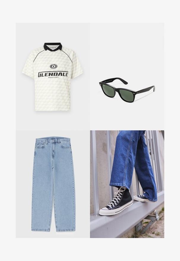 Lühikeste varrukatega polo särk valgekirju ruudustikuga. Must krae, millel on logo ja tekst "GLENDALE 91224 LA COUNTY".; Heled sinise denimi sirgete põlvede lõikega teksad, millel on keskmise kõrgusega vöökoht, viis taskut ning nööbid ja tõmblukk.; Mustad mustade kõrgete tossudega, millel on valge tallaga ja valged paelad, koos vaba sinise denimidega, mis puhkavad hallil piiridel.; Mustad mustan plastiku prillid roheliste läätsedega, ruudukujulised raamid, hõbedane aksent kulmude peal ja tekstuuriga tempelkäed. Brändi nimi on märgitud sisevarrele.