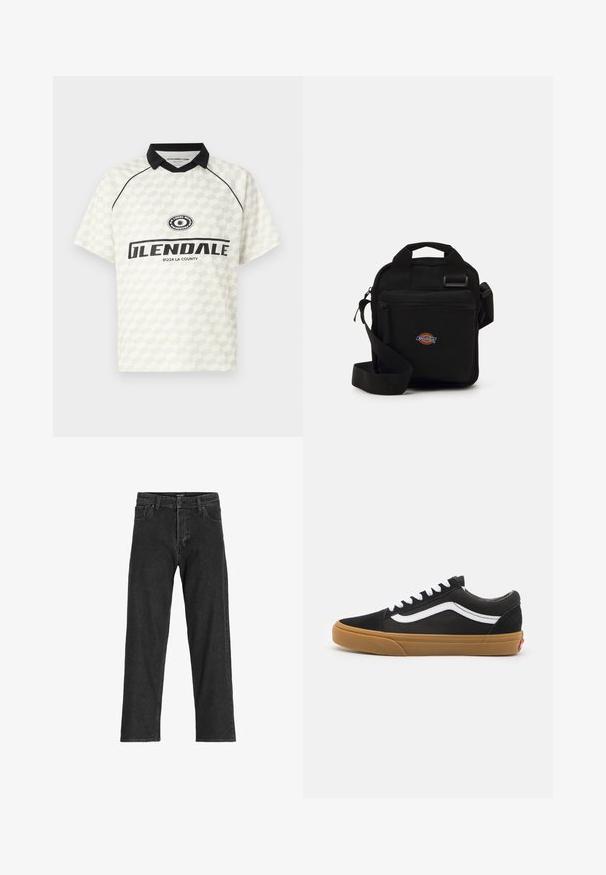 Korte mouwen poloshirt in het wit met een geruit patroon. Zwarte kraag, geaccentueerd met een logo en de tekst "GLENDALE 91224 LA COUNTY".; Zwarte spijkerbroek met een recht model, voorzien van een rits, riemlussen en zes zakken, gemaakt van een stevige katoenmix.; Zwarte suède sneakers met witte zijkantstripes, witte veters en een gumrubberen zool. Klassiek low-top ontwerp met getextureerde accenten en een afgeronde neus.; Zwarte schoudertas met een ritszak, rechthoekige vorm, gemaakt van stof, voorzien van een logo-opdruk op de voorkant, verstelbare schouderband.