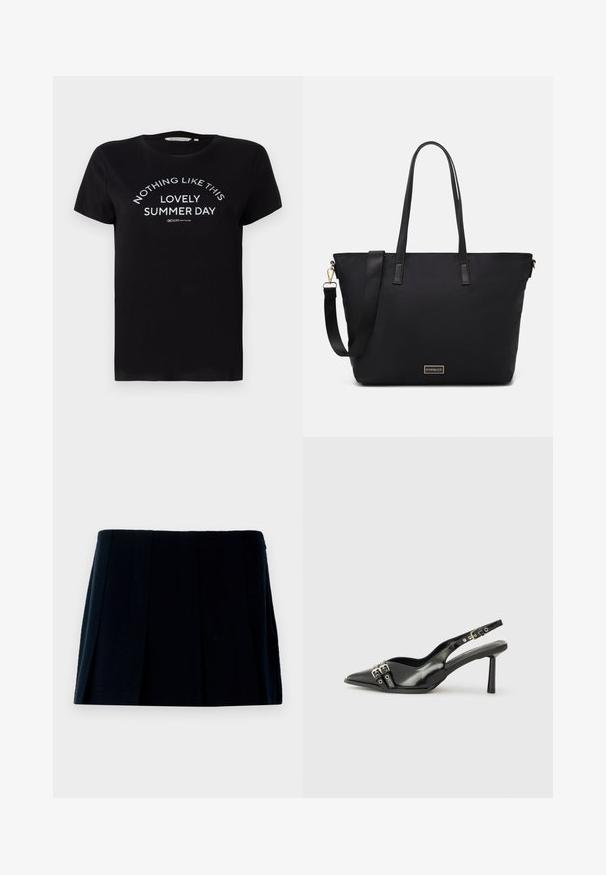 Svart bomullströja med korta ärmar, rund halsringning och vit tryckt text: "INGEN SOMMARE DAG SOM DENNA" i en böjd arrangemang.; Svart plisserad minikjol i tyg. Har en rak midjeresår och flera vertikala veck för form och textur.; Svart lackläder slingbacksko med spetsig tå, ankelremmar med silverfärgade spännen och detaljer samt en smal klack.; Svart tote-väska med en slät nylonyta, med långa läderremmar, en avtagbar axelrem och en guldplakett med logotyp.; Svarta jeansfingerlösa handskar med en texturerad yta, som har en tryckknappsstängning och en öppen ficka på handleden.