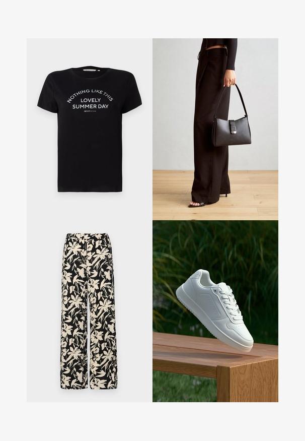 Melns kokvilnas T-krekls ar īsām piedurknēm, apaļu kakla izgriezumu un baltu drukātu tekstu: "NETICAMI TIK PATIEŠĀM NODROŠINĀTA VASARA" izliekta formā.; Melni platie bikses ar krēmkrāsas ziedu rakstu. Izgatavotas no viegla auduma, kuram ir gluda tekstūra un augsta jostasvietas daļa.; Baltie sporta apavi ar gludu sintētisku augšpusi, perforētu pirkstu daļu, plakani šņorēm un rakstainu zoli, novietoti uz koka virsmas.; Melnā somiņa ar strukturētu formu, gludu tekstūru un metālu sprādzi. Saskaņota ar platām melnām biksēm un sandālēm ar atvērtu purngalu uz koka grīdas.