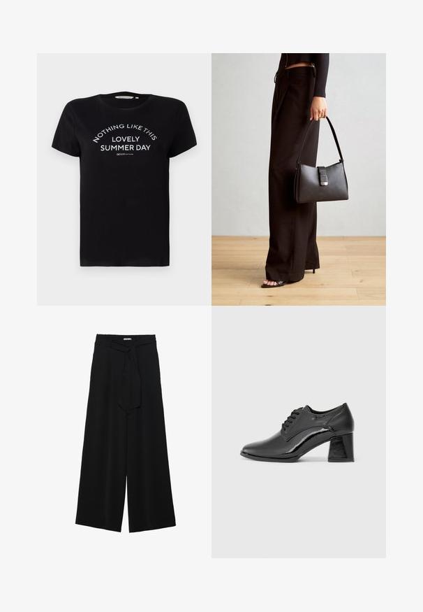 Črna bombažna majica s kratkimi rokavi, okroglo izrezano ovratnikom in belim tiskanim besedilom: "NIČ KOT TA LEP SONČEN DAN" v ukrivljeni postavitvi.; Črne široke hlače iz teksturirane tkanine, z elastičnim pasom in odstranljivim trakom na pasu za prilagodljivo prileganje.; Črne patentirane usnjene čevlje z zaobljenim nosom, veznim dizajnom in debelim pravokotnim petam. Gladka tekstura z sijočim finišem.; Črna torbica z strukturirano obliko, gladko teksturo in kovinskim zaponko. Ujemajo se z širokimi črnimi hlačami in odprtimi sandali na lesenem tleh.