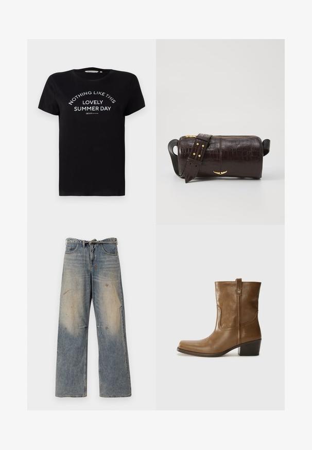 T-shirt en coton noir à manches courtes, col rond, avec un texte imprimé en blanc : « RIEN COMME CE BEAU JOUR D'ÉTÉ » disposé en arc.; Jean en denim bleu clair avec une coupe ample et droite. Caractéristiques de décoloration, d'effilochage et de détails usés près des genoux. Style classique à cinq poches.; Bottine en cuir marron avec un orteil carré, une finition texturée et un petit talon empilé. Présente une languette à l'arrière et des détails de couture subtils.; Sac en cuir embossé crocodile marron avec une forme cylindrique, quincaillerie dorée et une bandoulière détachable ornée de clous.