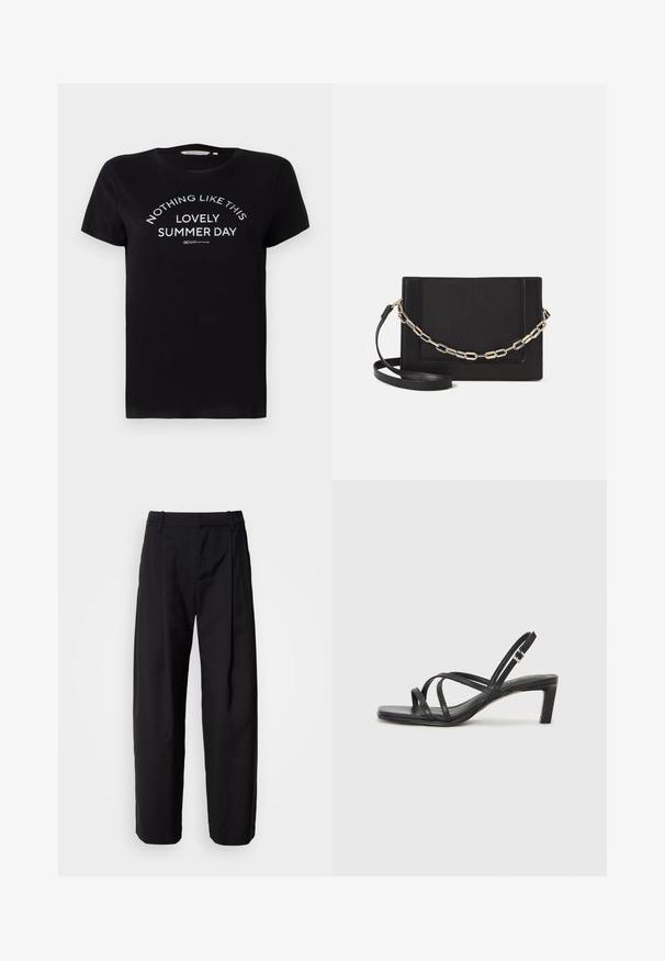 Black cotton t-shirt with short sleeves, round neckline, and white printed text: “NOTHING LIKE THIS LOVELY SUMMER DAY” in a curved arrangement.; Black trousers with a relaxed fit, pleated front, and belt loops. Smooth fabric and straight legs, featuring side pockets.; Black strappy sandal with a square toe and a low block heel. Features multiple thin straps and an adjustable ankle strap. Made of smooth leather.; Black leather crossbody bag featuring a smooth texture, rectangular shape, and a metallic chain detail on the front. Adjustable strap included.