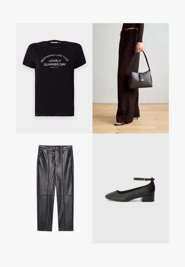 T-shirt en coton noir à manches courtes, col rond, avec un texte imprimé en blanc : « RIEN COMME CE BEAU JOUR D'ÉTÉ » disposé en arc.; Pantalons en cuir noir avec une texture lisse, présentant une coupe droite, deux poches avant et des coutures visibles.; Escarpin en cuir noir avec un bout pointu et un petit talon bloc. Doté d'une bride de cheville avec une boucle dorée. Texture lisse.; Sac à main noir à la forme structurée, texture lisse et fermoir métallique. Associé à un pantalon noir ample et des sandales ouvertes sur un sol en bois.