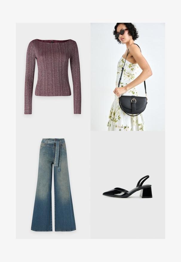 Bordo ilga rankovė su raukšlėmis ir plačiu iškirpimu, pagaminta iš tekstūruoto mezginio audinio, kuriame yra metalinių intarpų.; Platus džinsinis kelnes su šviesiai tamsiai mėlynu gradientu, aukštu juosmeniu, diržo kilpomis ir atitinkančiu audinio diržu. Textūruotas džinsinis paviršius.; Juodos lakuotos odinės šlepetės su smailiu pirštu ir geometriniu bloko kulnu. Turi elegantišką, minimalistinį dizainą ir lygų paviršių.; Juodas odinis krepšys su išlenkta forma, nuimamu dirželiu ir auksiniais detalėmis. Krepšys turi kilpą su sagtimi.