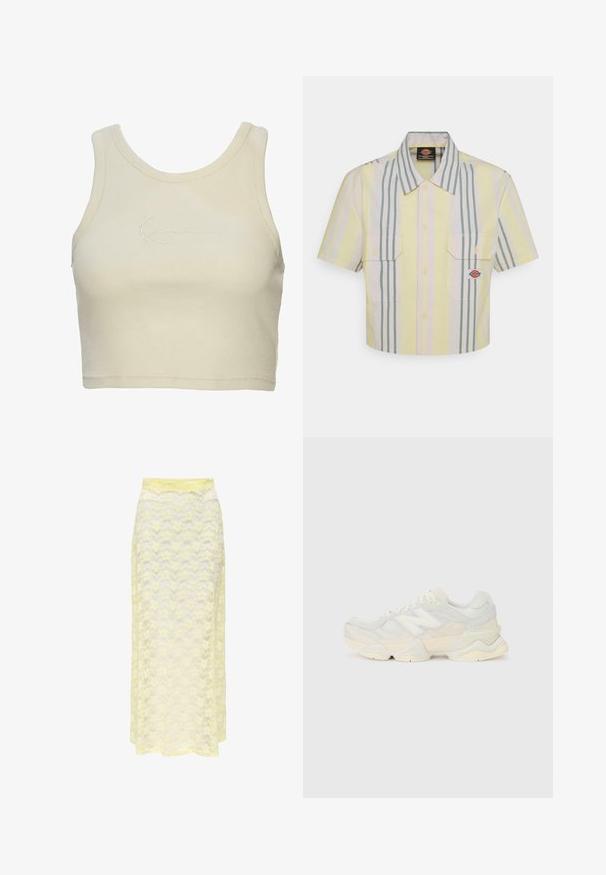Skraćeni top bez rukava od mekanog krema materijala, s rebrastom teksturom i suptilnim izvezenim logotipom sprijeda. Minimalistički dizajn.; Skraćena majica s kratkim rukavima u svijetloj žutoj boji s vertikalnim zelenim i pastelno obojenim prugama. Ima dva džepa na prsima i oznaku s logotipom na lijevom džepu.; Žuta čipkasta maksi suknja s valovitim uzorkom, koja ima glatku elastiku u struku i mekan, prozračan materijal. Dizajnirana za lepršav siluetu.; Lagana tenisica s gornjim dijelom od mrežice i antilopa u blagim krem tonovima, srobustnom potplatom i trodimenzionalnim detaljima.
