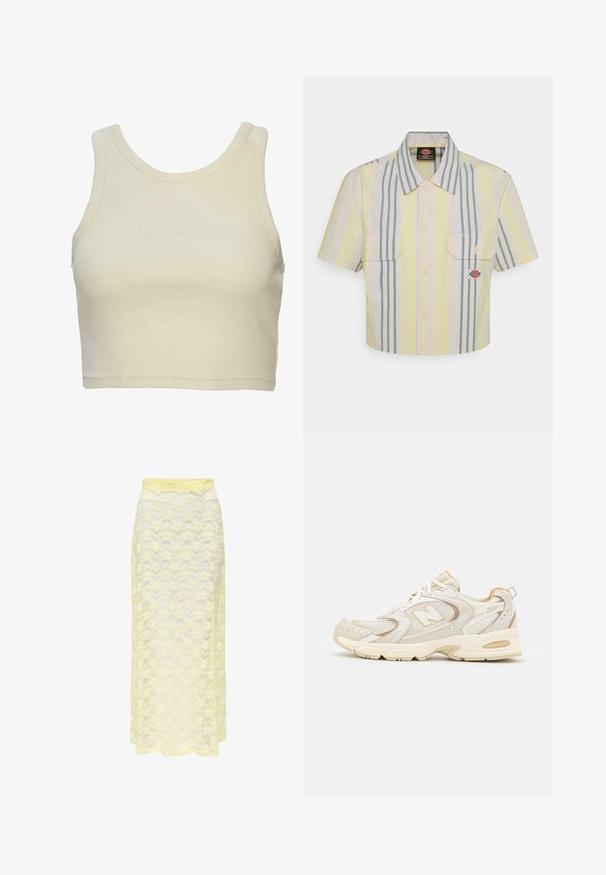 Rövidített ujjú tank top puha krém színű anyagból, bordázott textúrával és diszkrét hímzett logóval elöl. Minimalista dizájn.; Rövid ujjú, világos sárga, függőleges zöld és pasztell csíkos ing. Két mellzsebével és logóval a bal oldali zseben.; Sárga csipkés maxi szoknya hullámos mintával, sima derékrésszel és puha, áttetsző textúrával. Áramló siluettet terveztek.; Beige sportcipők hálós és szintetikus burkolatokkal, texturált felülettel, párnázott bokarésszel és "ABZORB" párnázással a saroknál.