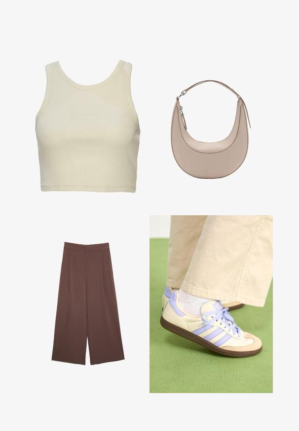 Korte tanktop i blød creamfarvet stof, med ribbet tekstur og et diskret broderet logo på forsiden. Minimalistisk design.; Brune bredbunde bukser med en glat tekstur, der har høj talje og plisseringer foran. Stoffet er let og falder løst.; Creme og lavendel sneakers med tre striber og en tekstureret brun sål, der har snørebånd og en polstret hæl. Blødt stof øvre.; Beige læder skuldertaske med en halvmåneform, glat overflade og et enkelt buet håndtag. Har en lynlåslukning og pæne syninger.