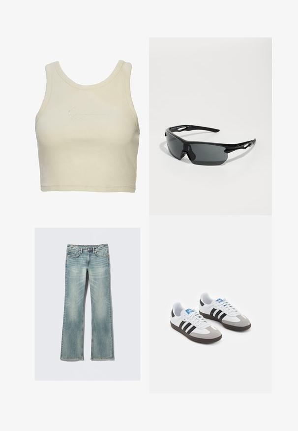 Kratka majica brez rokavov iz mehkega kremnega blaga, ki ima rebrasto teksturo in subtilno vezeno logo na sprednji strani. Minimalističen dizajn.; Svetlo modri kavbojasti hlače z rahlim bledenjem, pet žepov, z gumbom zaprte in ravnimi nogami na beli podlagi.; Športni čevlji z belim usnjenim zgornjim delom, sivim semišem na prstih in tremi črnimi črtami. Imajo modro logo na jeziku in teksturiran gumijast podplat.; Črne športne sončna očala s sprotno ukrivljenimi lečami, lahka plastična okvirja in teksturiranimi tempeljci. Eleganten dizajn z integriranim nosnim delom.; Črna torbica iz pletene usnje s sproščenim dizajnom, ki ima vozel na traku in majhno dekorativno zlatno zakovico na vrhu.