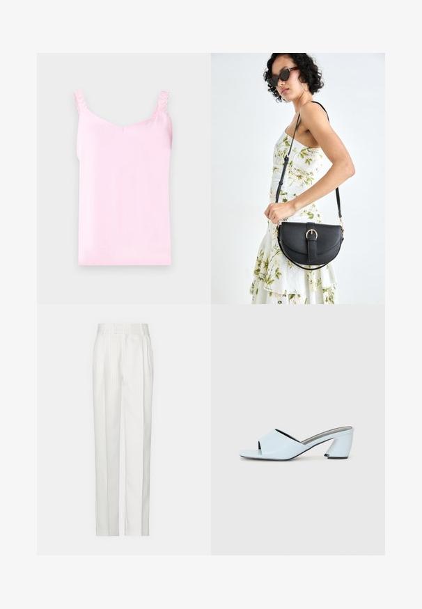 Heled roosa kampsun, millel on laineline pitsist õlavarre rihmad, V-kujuline kaelus, sile tekstuur ja mugav lõige.; Valged triibulised püksid, sirgete jalgade disainiga, valmistatud kergest kangast. Ees on voldid ja traditsiooniline talje.; Heledad heles sinine avatud varvaga, geomeetrilise disainiga, laia rihmaga jala kohal ja nurga all oleva paksu kontsaga.; Mustmust mustraha kõverate joontega, eemaldatava rihmaga ja kuldsete detailidega. Kotil on klapp, millel on pandladetail.