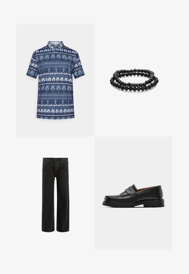 Tumši zils polo krekls ar baltu palmu rakstu, īsām piedurknēm un apkakli. Ievērības cienīgas detaļas ietver dekoratīvas līnijas un akcentus.; Melnas denima platleņķa džinsi ar augstu jostasvietu, izceļoties ar klasisko piecu kabatu dizainu un maigu izbalējumu, radot teksturētu izskatu.; Melni ādas loafers cepumi izceļas ar paceltu šuvu, divām dekoratīvām siksnām augšpusē un biezu teksturētu zoli labākai saķerei.; Melnā vulkāna akmens rokassprādze ar apaļām pērlītēm ar teksturētu virsmu, ko papildina neliels metālisks taisnstūra akcents.