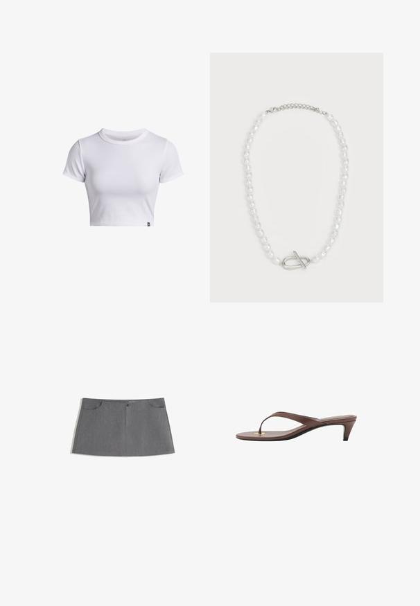 Hvid ribbet kortærmet cropped t-shirt med rund hals og lille sort logo-mærke ved bunden.; Grå nederdel med lige snit, to forlommer, frontlukning med knap og et subtilt mønster.; Brune hælflip-flop sandal med en slank rem og rund tåpost, der har et lille guldaccent på fodsengen.; Hvid perlekæde med varierede former og størrelser, med en sølv toggle-lukning. Glat tekstur med skinnende finish.