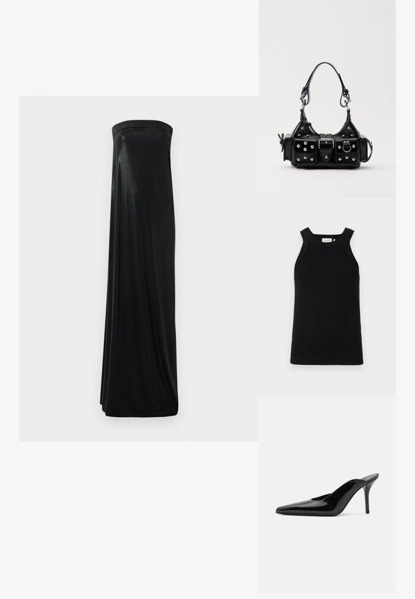 Zwarte geribbelde tanktop met brede schouderbanden, voorzien van een ronde halslijn en een klein reliëflogo detail aan de onderkant.; Zwart strapless maxi-jurk van glanzende, soepele stof. Heeft een getailleerde buste en een vloeiende silhoutte die de vloer raakt, zonder versieringen.; Zwarte gepatineerde leren hoge hak muiltjes met een spitse neus en een slanke silhouet, met een open achterkant en een slanke stilettohak.; Zwarte lederen handtas met een gebogen ontwerp, voorzien van zilveren studs, een gesp en twee zijvakken. Verstelbare schouderband voor verschillende draagmogelijkheden.