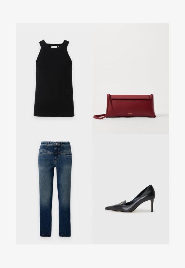 Čierny rebrový top bez rukávov s širokými ramienkami, s okrúhlym výstrihom a malým embosovaným logom na spodku.; Tmavomodré denimové nohavice so rovnými nohavicami, s jemným vyblednutím, oranžovým prešitím a zapínaním na gombík v pase.; Čierne kožené lodičky s špicatou špičkou, nízkym vampom a dekoratívnym zlatým akcentom. Majú podpätok typu stiletto a hladký povrch.; Červená kožená klúčenka s textúrovaným povrchom, má plochý preklápací vrch a krátky popruh. Na prednej strane je jemné logo značky.