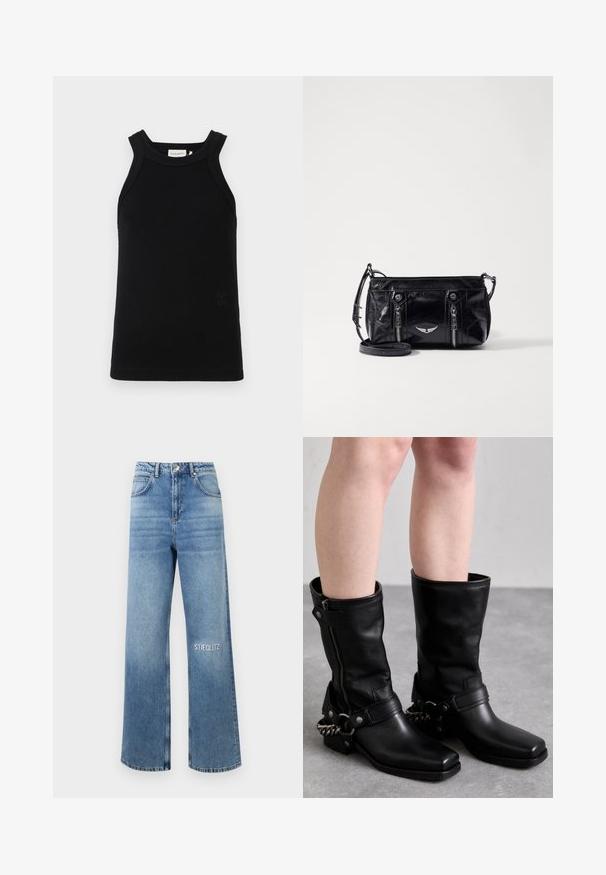 Čierny rebrový top bez rukávov s širokými ramienkami, s okrúhlym výstrihom a malým embosovaným logom na spodku.; Svetlomodré široké džínsy z denimového materiálu, s vysokým pásom, dizajnom s piatimi vreckami a vyšitým nápisom "STIEGLITZ" na ľavom stehne.; Čierne kožené čižmy po kolená so štvorcovou špicou, bočným zipsom a nastaviteľným remienkom s metalickým reťazovým akcentom. Matný povrch a pevná podrážka.; Čierna kabelka cez telo z faux kože s uzatvárateľnými vreckami, ozdobným strieborným emblémom a nastaviteľným popruhom. Lesklý povrch a kompaktný tvar.