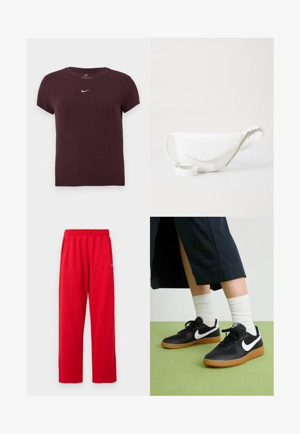 Camiseta de manga corta color burdeos, hecha de algodón suave, con un cuello redondo y un pequeño logotipo blanco de Nike en el pecho.; Pantalones deportivos rojos con cintura elástica, bolsillos laterales y un logo de Nike blanco en el lado izquierdo. Fabricados con un tejido suave.; Zapatillas de cuero negro y sintético con el swoosh blanco de Nike, suela de goma, punta redonda y cordones negros. Calcetines blancos acanalados visibles.; Riñonera de cuero blanca con un diseño curvado, cierre con solapa y una correa ajustable con un accesorio de metal. Textura suave.
