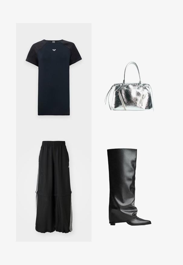 Kortærmet navy t-shirt med sorte raglanærmer, glat tekstur og et centralt logo. Har en rund halsudskæring og afslappet pasform.; Hvid blonde bodysuit med lange ærmer, prydet med et vævet mønster og en lav rygdesign, der taperer til en høj skåret benåbning.; Sorte atletiske bukser med elastisk talje, sidelæns striber og en løs pasform med en samlet kant for en luftig silhuet.; Sorte læder støvler til knæene med en glat struktur, smygende design, spids tå og en lav firkantet hæl. Minimalistisk stil uden synligt hardware.; Metalisk sølvhandtaske med en struktureret form, to topstropper og lynlåslommer på forsiden. Glat, blank overflade.