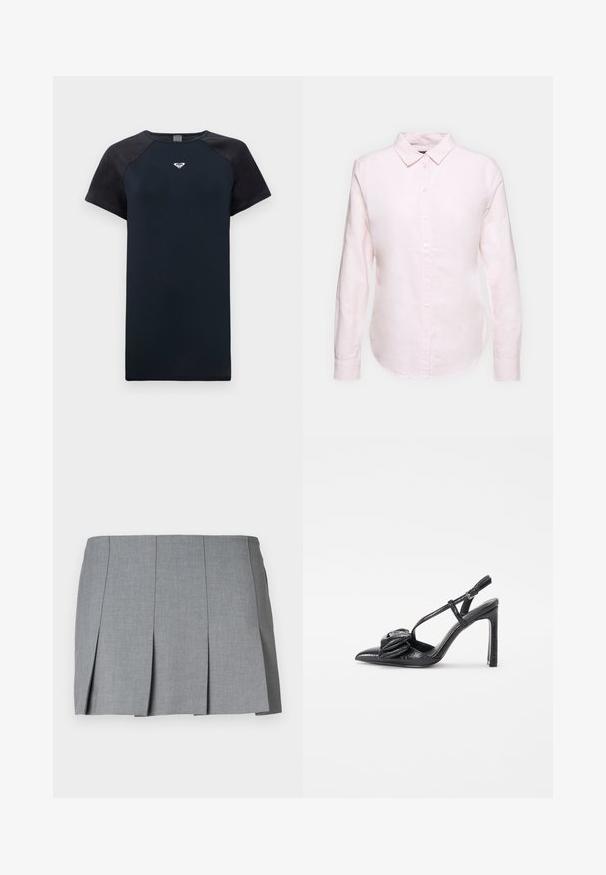Rövid ujjú sötétkék póló fekete raglan ujjakkal, sima textúrával és középen elhelyezkedő logóval. Jellemzője a kerek nyakkivágás és a kényelmes fazon.; Világos rózsaszín hosszúujjú ing, gombos gallérral, egyenes hemmerrel és puha tapintással, könnyű pamut anyagból készült.; Szürke redős szoknya sima textúrával, strukturált dizájnnal és testhezálló derékkal. Könnyű anyagból készült, diszkrét mintázattal.; Fekete, magassarkú cipő, hegyes orral, fényes felülettel, vékony pántokkal és díszes redőzött részlettel az elején.