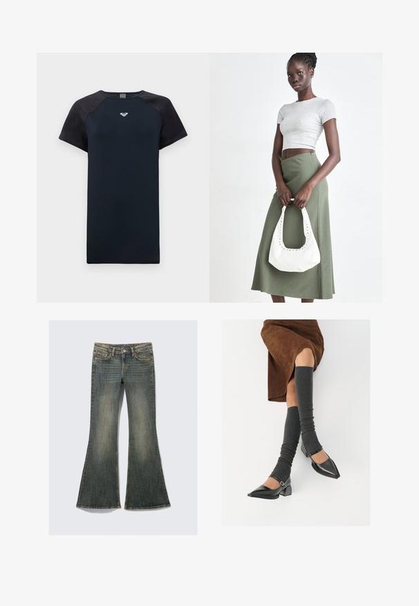 Short-sleeve navy t-shirt with black raglan sleeves, smooth texture, and a central logo. Features a crew neckline and relaxed fit.; Flared denim jeans in a faded blue color with a classic five-pocket design, featuring a slight texture and visible stitching accents.; Black patent leather pointed-toe shoes with a block heel and ankle strap, paired with gray ribbed leg warmers and a brown suede skirt.; Gray ribbed crop top and olive green high-waisted skirt. Model holds a white shoulder bag with cut-out detailing. Simple design, fitted silhouette.