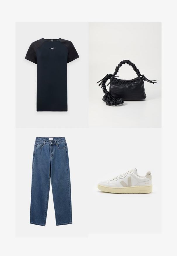 Camiseta de manga corta de color marino con mangas raglán negras, de textura suave y con un logo central. Presenta un cuello de barco y un corte relajado.; Jeans de mezclilla azul clásico con un diseño de pierna recta, cinco bolsillos y cierre de botón. Presenta un lavado medio y una textura resistente.; Zapatilla de piel blanca con acentos de ante beige, caja de puntera perforada, cordones planos y suela texturizada en color crema. Cuenta con un branding sutil en el talón.; Bolso de mano de imitación cuero negro con textura de cocodrilo, parte superior fruncida y correa arrugada. Presenta un diseño suave y compacto.